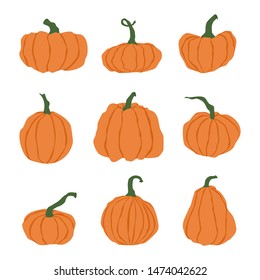 Cartoon halloween pumpkin set. Different shapes and sizes orange gourd isolated on white background. Hand drawn various pumpkins. Orange pumpkin for the holiday Halloween. Vector illustration.