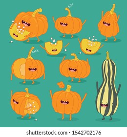 Cartoon halloween pumpkin set  Different shapes   sizes  Use for card  poster  banner  web design   print t  shirt  Easy to edit  Vector illustration 