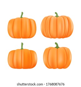 Juego de calabaza de halloween con dibujos animados. Diferentes formas y tamaños de calabaza naranja aislada en un fondo blanco. Ilustración del vector