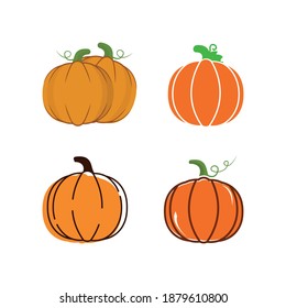 Cartoon halloween pumpkin set. Different shapes and sizes orange gourd isolated on white background. Vector illustration
