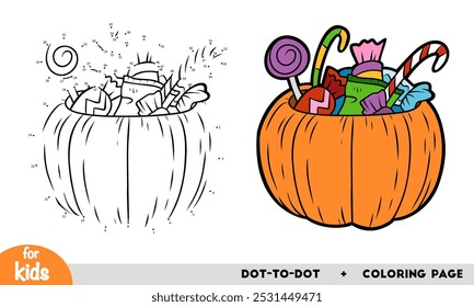 Cartoon Halloween pumpkin with sweets. Numbers game, education dot to dot game for children.