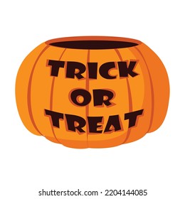 Cartoon Halloween pumpkin with trick or treat carving saying.