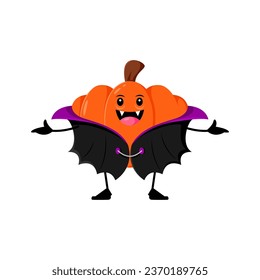 Cartoon Halloween pumpkin vampire character. Isolated cute vector gourd count Dracula personage with gleaming fangs, wear a dapper cape and a mischievous grin ready for horror night bloodsucking havoc