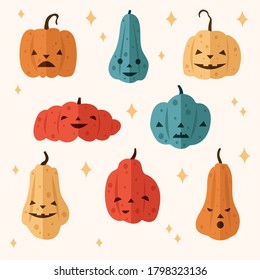 Cartoon halloween pumpkin of various shapes and colors. Thanksgiving and Halloween Elements. Autumn vegetables. Different shapes and sizes orange gourd isolated on white background.Vector illustration