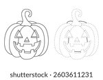 Cartoon halloween pumpkin vector, orange pumpkins carving  coloring pages for kids. Trace and color halloween pumpkin. Halloween celebration activity. Autumn october coloring page worksheet printable.