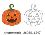 Cartoon halloween pumpkin vector, orange pumpkins carving  coloring pages for kids. Trace and color halloween pumpkin. Halloween celebration activity. Autumn october coloring page worksheet printable.