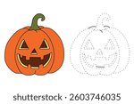 Cartoon halloween pumpkin vector, orange pumpkins carving  coloring pages for kids. Trace and color halloween pumpkin. Halloween celebration activity. Autumn october coloring page worksheet printable.
