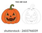 Cartoon halloween pumpkin vector, orange pumpkins carving  coloring pages for kids. Trace and color halloween pumpkin. Halloween celebration activity. Autumn october coloring page worksheet printable.
