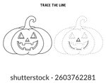 Cartoon halloween pumpkin vector, orange pumpkins carving  coloring pages for kids. Trace and color halloween pumpkin. Halloween celebration activity. Autumn october coloring page worksheet printable.