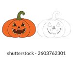 Cartoon halloween pumpkin vector, orange pumpkins carving  coloring pages for kids. Trace and color halloween pumpkin. Halloween celebration activity. Autumn october coloring page worksheet printable.