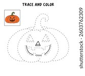 Cartoon halloween pumpkin vector, orange pumpkins carving  coloring pages for kids. Trace and color halloween pumpkin. Halloween celebration activity. Autumn october coloring page worksheet printable.