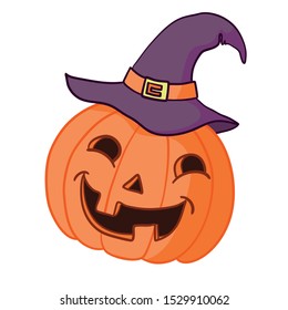 Cartoon halloween pumpkin wearing witch hat isolated