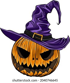 Cartoon halloween pumpkin wearing witch hat isolated