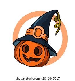 Cartoon halloween pumpkin wearing witch hat isolated