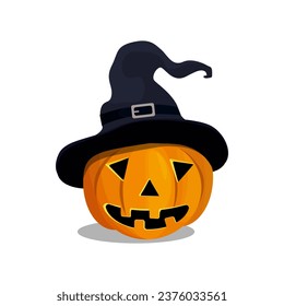 Cartoon Halloween pumpkin wearing witch hat isolated. Vector illustration.