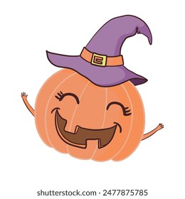 Cartoon Halloween pumpkin wearing witch hat isolated. Vector illustration.