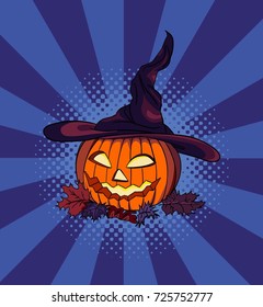 Cartoon halloween pumpkin wearing witch hat isolated. Idea for business visit card, typography vector. Print for t-shirt