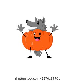 Cartoon Halloween pumpkin werewolf character with grey fur, baring sharp fangs and piercing eyes, howling under the silver moon, embodies eerie and wild mystique. Isolated vector gourd wolf personage