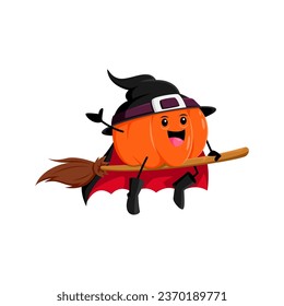 Cartoon Halloween pumpkin witch character soars through the sky on broomstick, casting enchanting spells and hurrying to holiday coven. Isolated vector hag or wizard personage riding trusty broom