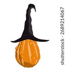 Cartoon Halloween pumpkin in a witch hat isolated on white background. Halloween decor element. Vector isolated illustration.