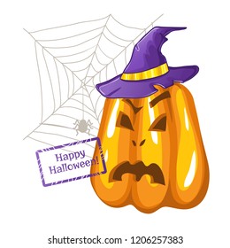 Cartoon halloween pumpkin in witch hat on the background with web and spider, isolated, eps10, vector image