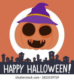 Cartoon halloween pumpkin in a witch hat with halloween city concept.Vector pumpkin illustration from halloween collection.