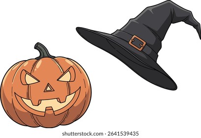 Cartoon Halloween Pumpkin with Witch Hat Isolated on White Background, Vector Illustration
