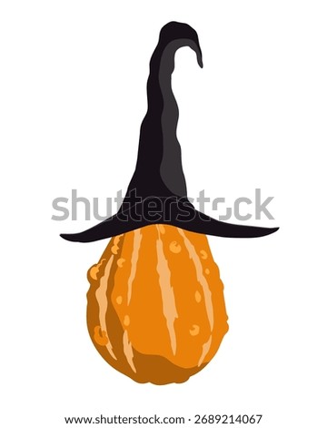 Cartoon Halloween pumpkin in a witch hat isolated on white background. Halloween decor element. Vector isolated illustration.