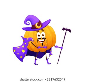 Cartoon Halloween pumpkin wizard character. Imaginative vector vegetable holding magic staff dressed in long cape and pointy hat exudes a magical and mystical aura. Fantasy warlock veggies personage