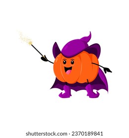 Cartoon Halloween pumpkin wizard character. Isolated vector gourd wiz personage, armed with a mystical wand, radiates enchantment and mischief, ready to conjure jack-o-lantern magic on All Hallows Eve