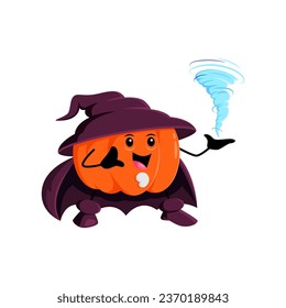 Cartoon Halloween pumpkin wizard character. Vector wiz in whimsical costume, complete with a pointy hat and robes, holding swirling tornado in hand, adding a magical twist to the festive celebrations