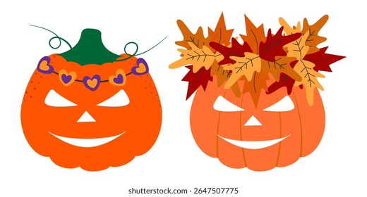 Cartoon Halloween Pumpkins decorated hearts and Autumn leaves Wreaths Cute Halloween Characters Set