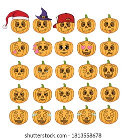 cartoon halloween pumpkins with emotions big set. isolated emoji on white background. twenty five pieces vector stock illustration
