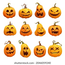 Cartoon Halloween pumpkins, Jack o lantern isolated scary characters. Halloween pumpkin lanterns, cute happy with scary smile on face, horror holiday and spooky night pumpkins with creepy carvings