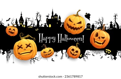 Cartoon Halloween pumpkins on dark castle silhouette landscape. Happy Halloween vector banner of horror holiday pumpkin lanterns characters with scary faces, bats, ghosts, witch cat, cemetery, trees