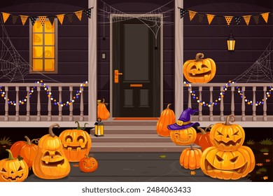 Calabazas de Halloween de dibujos animados en el porche de la puerta de las vacaciones, bienvenidos a trucos o golosinas a un mundo de delicias espeluznantes y encantamiento. Vector de fondo con sonrientes faroles jack invitando a la noche festiva