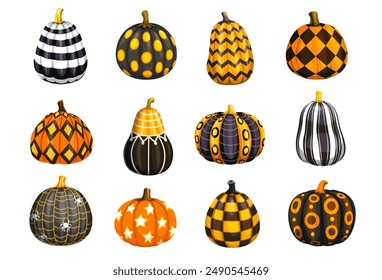 Calabazas de Halloween de dibujos animados pintadas con adorno para la noche de terror de vacaciones, decoración de Vector. Calabazas de la decoración de la tarjeta de felicitación de la fiesta de Halloween con las arañas, la tela de araña y las estrellas adorno del modelo