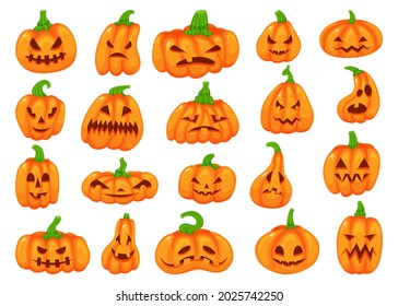 Cartoon halloween pumpkins with scary faces, fall decor elements. Cute orange pumpkin lantern with spooky face, autumn decoration vector set. Traditional celebration with horror expressions
