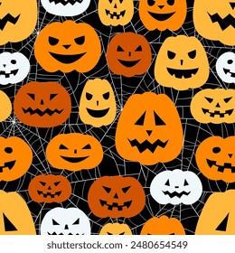 Cartoon Halloween pumpkins with smiling carved faces vector seamless pattern.