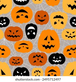 Cartoon Halloween pumpkins with smiling carved faces vector seamless pattern.