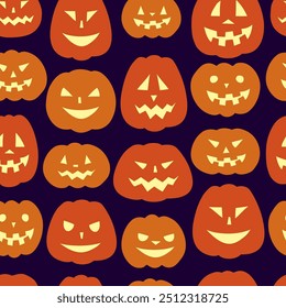 Cartoon Halloween pumpkins with smiling carved faces vector seamless pattern.