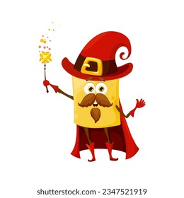 Cartoon Halloween quadretti pasta wizard character. Warlock, magician or sorcerer Italian pasta cheerful vector mascot. Wizard quadretti comical character or childish personage with magic wand