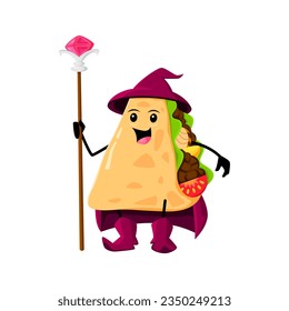 Cartoon Halloween quesadilla tex mex food wizard and mage character. Isolated vector whimsical personage with a magical staff, using mystical spells to create enchanting culinary experiences