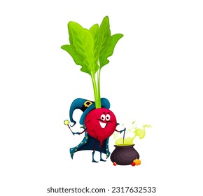 Cartoon halloween radish wizard character. Isolated vector funny enchanter vegetable wear cloak and pointed hat cooking potion in cauldron. Jovial magician personage with enchantment magical items