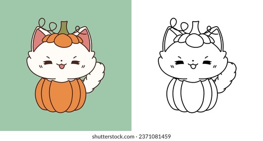 Cartoon Halloween Ragdoll Cat Clipart Kunst für die Färbung von Seite und Illustration. Happy Clip Art Halloween Kitten. Cute Vektor Illustration eines Kawaii Halloween Hauses Innen einer Kürbis. 