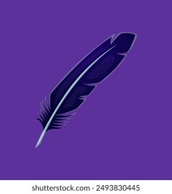 Cartoon Halloween raven feather. Isolated vector black glossy long quill of crow bird, magic occult object for rituals and decoration. Symbol of mystique, associated with omens and linked to legends