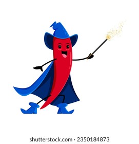 Cartoon Halloween red hot chilli pepper wizard or mage character. Isolated vector fiery and magical with a knack for conjuring up spicy spells and adding a touch of heat to any culinary adventure