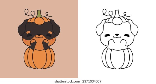 Caricatura Halloween Rottweiler Dog Clipart para Coloring Page e Illustration. Perro de Halloween, Feliz Clip Art. Ilustración vectorial de un animal Kawaii de Halloween dentro de una calabaza. 