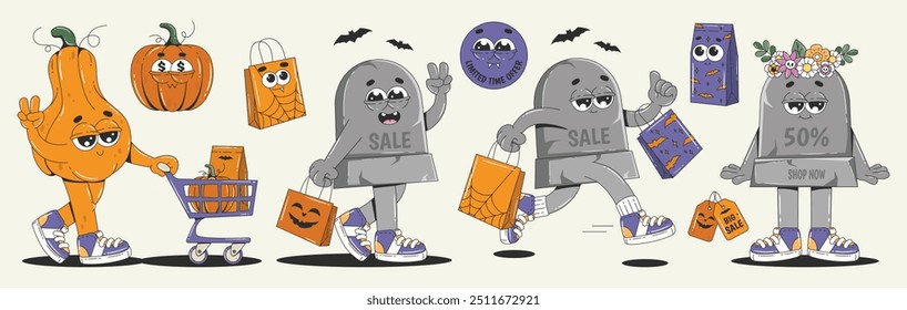 Pegatinas de venta de Halloween de dibujos animados. Etiquetas groovy retro para compras, regalos, descuentos. Personajes de calabaza y lápida haciendo compras. Conjunto de Vector aislado de fondo