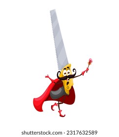 Cartoon Halloween saw tool wizard character. Isolated vector warlock or wiz construction and carpentry instrument dressed in Hallowmas red cape with playful face expression holding magic wand